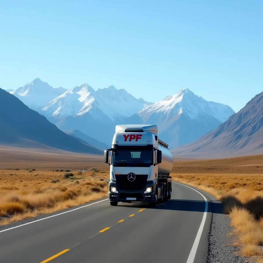 Camión cisterna de YPF recorriendo una ruta argentina